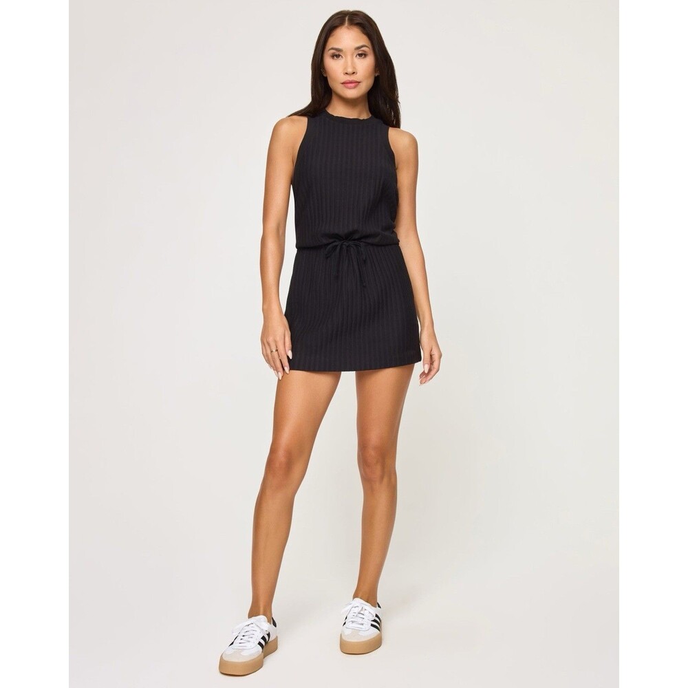 L Space Tank Mini Dress Women Sz M Black Knit Drawstring Waist Casual Active EUC